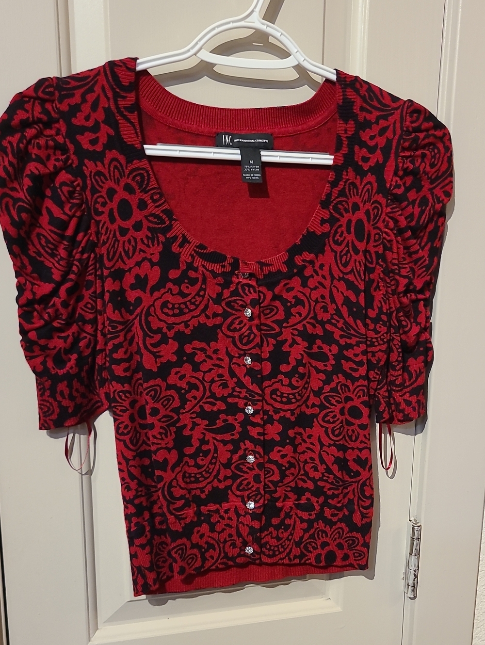 INC International Concepts Red and Black Floral Button-Front Knit Top